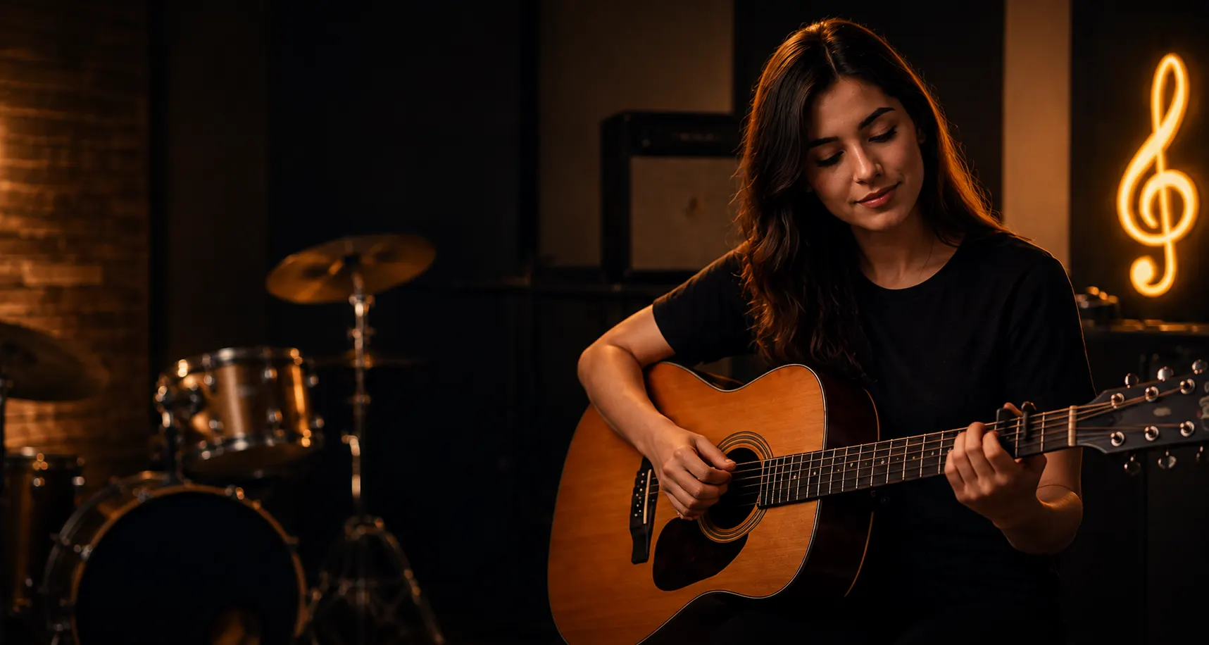 Aluna tocando violão no estúdio da Andar da Música