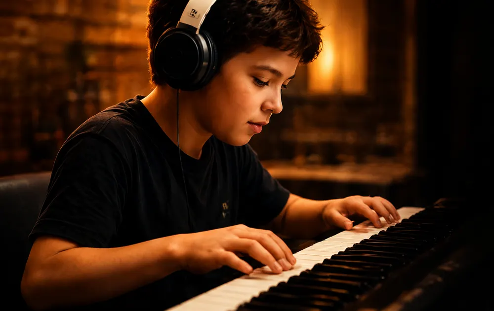 Menino tocando teclado